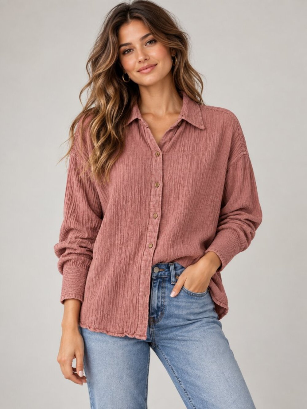 ZARA Crinkle Stretch Button Front Shirt Mauve Pink Long Sleeve L